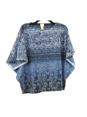 Chicos Women Top Sz 2 Blue Paisley Blouse Pullover Dolman Short Sleeve Open Knit